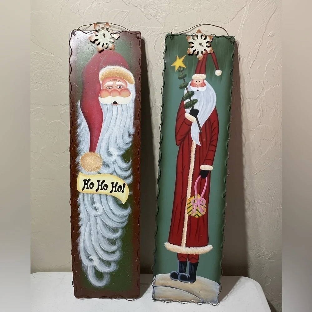 World Santa Hand Christmas Painted Hanging Art Lot of 2